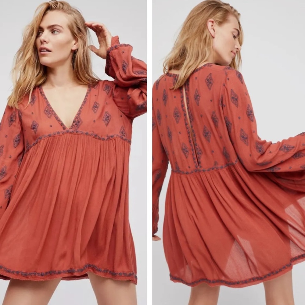 Free People • Diamond Embroidered Flowy Bell Sleeve Tunic Top in Cinnamon